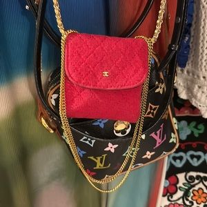 1990s Chanel Red Quilted CC Logo Noire Mini Chain
Shoulder / Necklace Bag